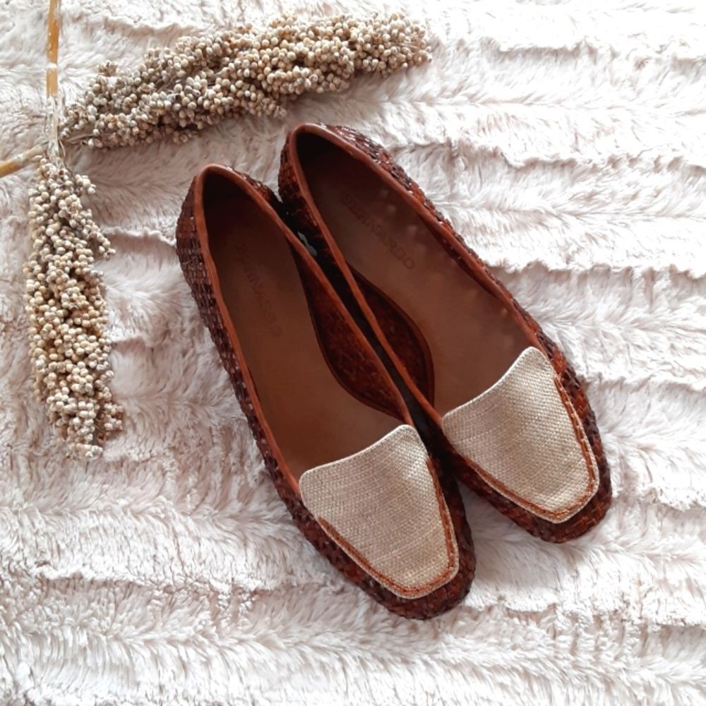 Bernardo Edyth Womens Size 7M Woven Leather Raffia Loafers Brown Cream Preppy